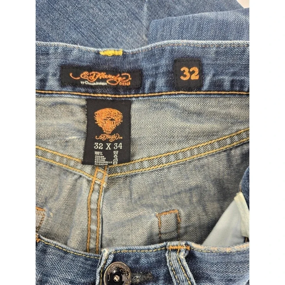 Ed Hardy Jeans Mens 32 Blue Lot 2009 Embroidered Logo Distressed Straight Leg